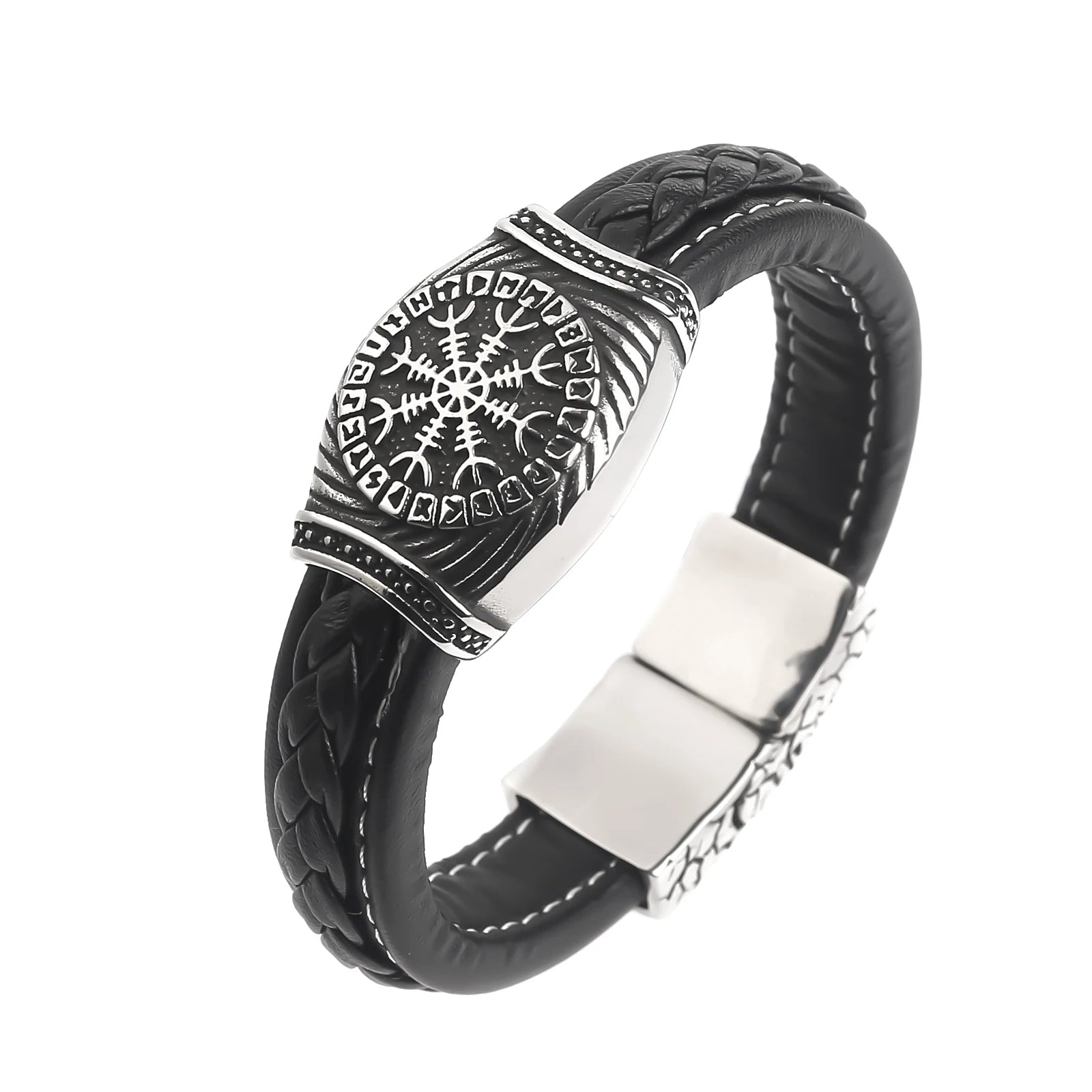 Viking Jewelry Wholesale Stainless Steel Magnetic Closure PU Leather Handmade Viking Bracelet