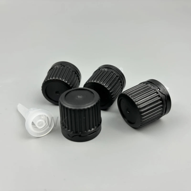 Factory 18mm 18/410 Black Ribbed Plastic Dropper Caps with Safety Ring Tamper Evident Essential Oil Orifice Reducer Plug Cover