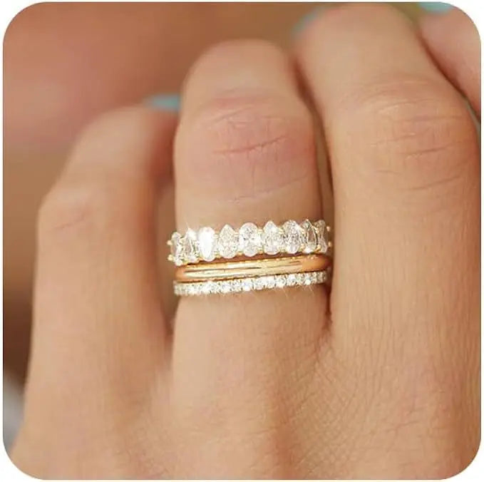 Creative Personalized Gold and Diamond Stackable Three-Piece Engagement Ring Set for Women 3pcs Row Diamond Zircon Silver Ring
