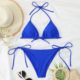 STOCK 10Colors Padding Ties Details Triangle Top Basic Bikini Set Double Lined Fabric Seamless Swimwear XS-XL