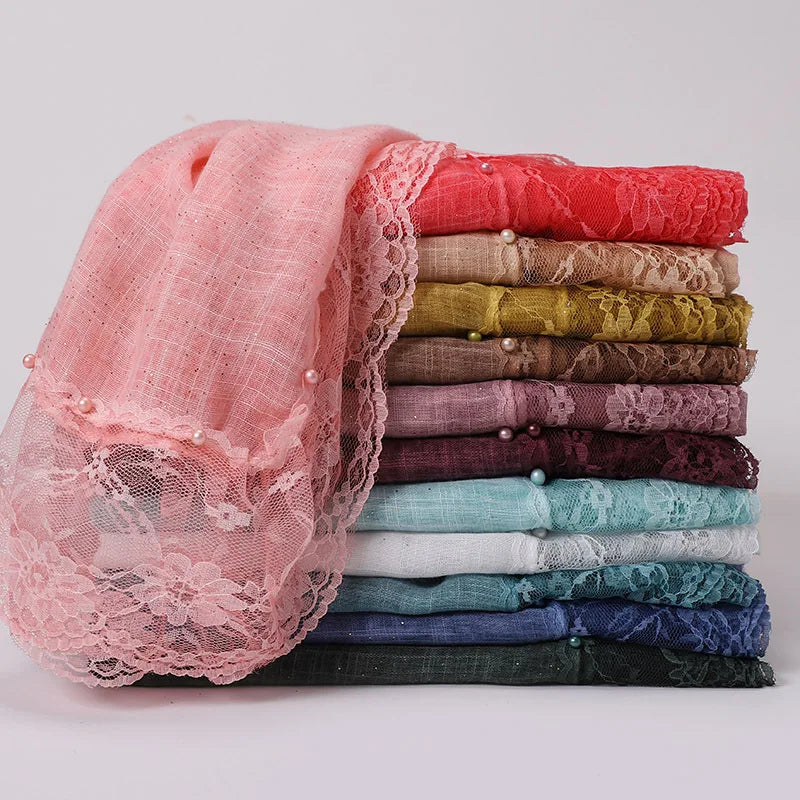 Sharut New Fashion Lace Feather Cotton Hemp Headband Hijab Scarf  Muslim Women Sunscreen Shawl Hijabi Scarf