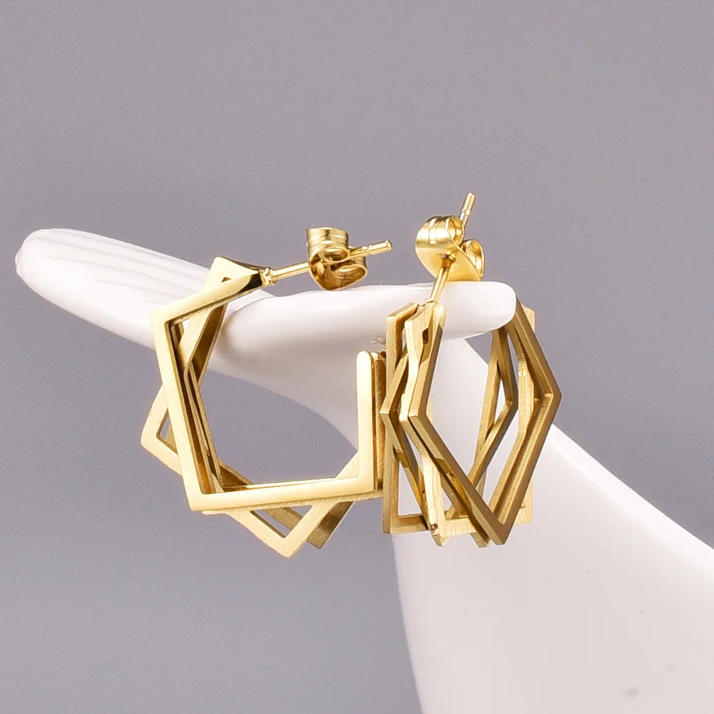 Unisex Stainless Steel Geometric Stacking Squares Stud Earring 18k Gold Plated Irregular Square for Weddings