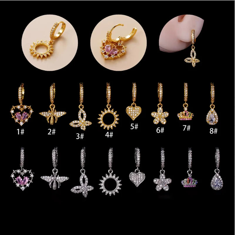 HENGSEN Fashion Copper Crystal Earring Gold Plated  Butterfly  Heart CZ Dangle Hoop Clicker Earring for Women