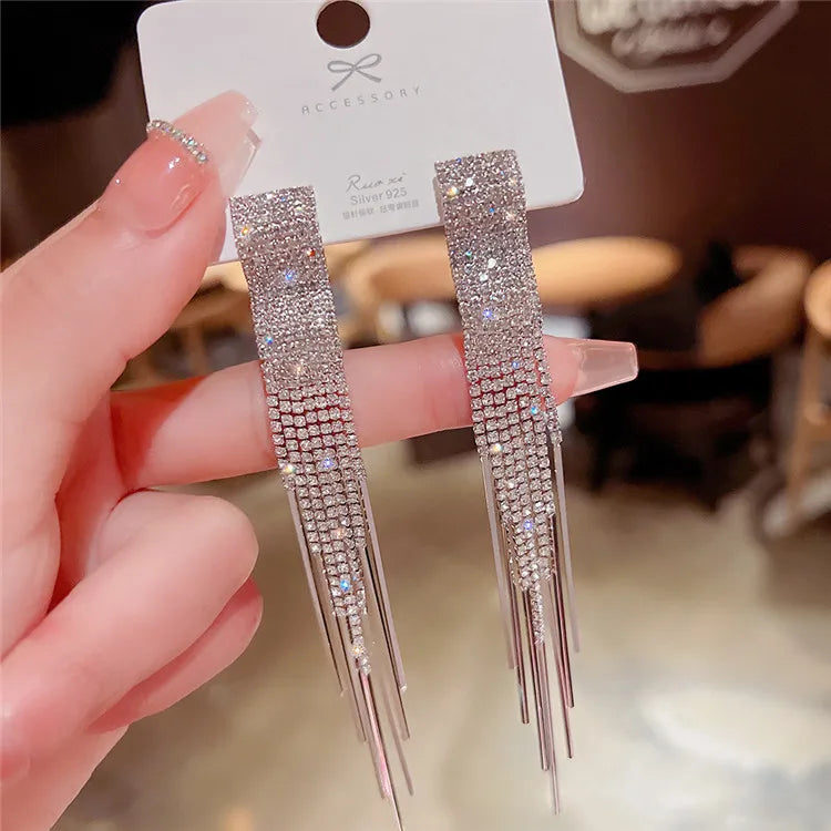 SP Fashion Bridal Wedding Luxury Women Long Dangle Chandelier Earring Crystal Rhinestone Bamboo Tassel  Earrings