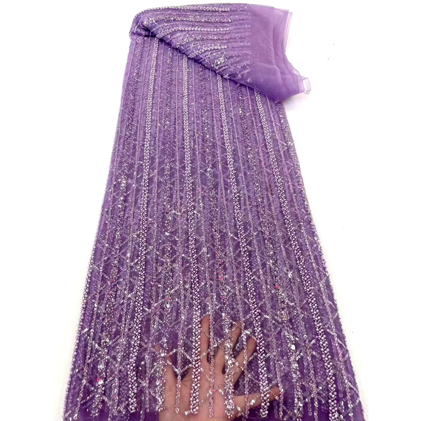 Haute Couture Heavy Sequins With Beaded Embroidered Purple Beaded Fancy Fabric