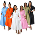 Hot Style Formal Solid Color Maxi Belt Long Sleeve Shirt Dress Women Fashion