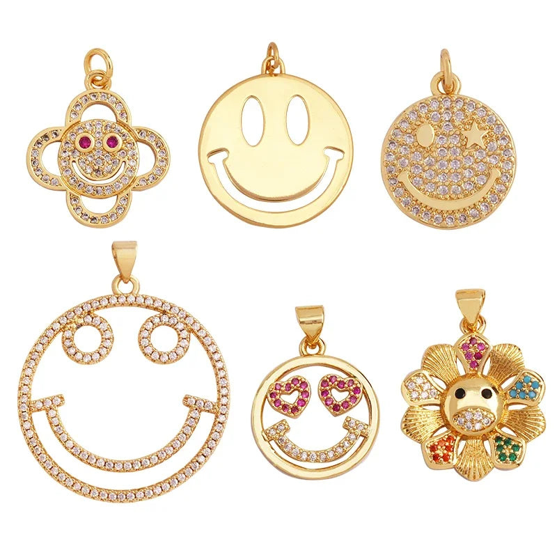 Fashion Happy Face Round Charm PendantReal 18K Gold Plated Zircon Necklace Bracelet Pendant Handmade Jewelry Accessories S37