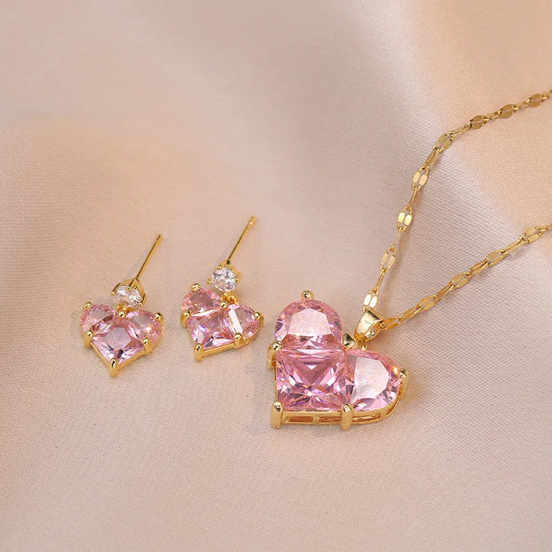 Minimalist Hypoallergenic Gold Plated Stainless Steel Choker Necklace Fashion Pink Zircon Heart Pendant Necklace for Women