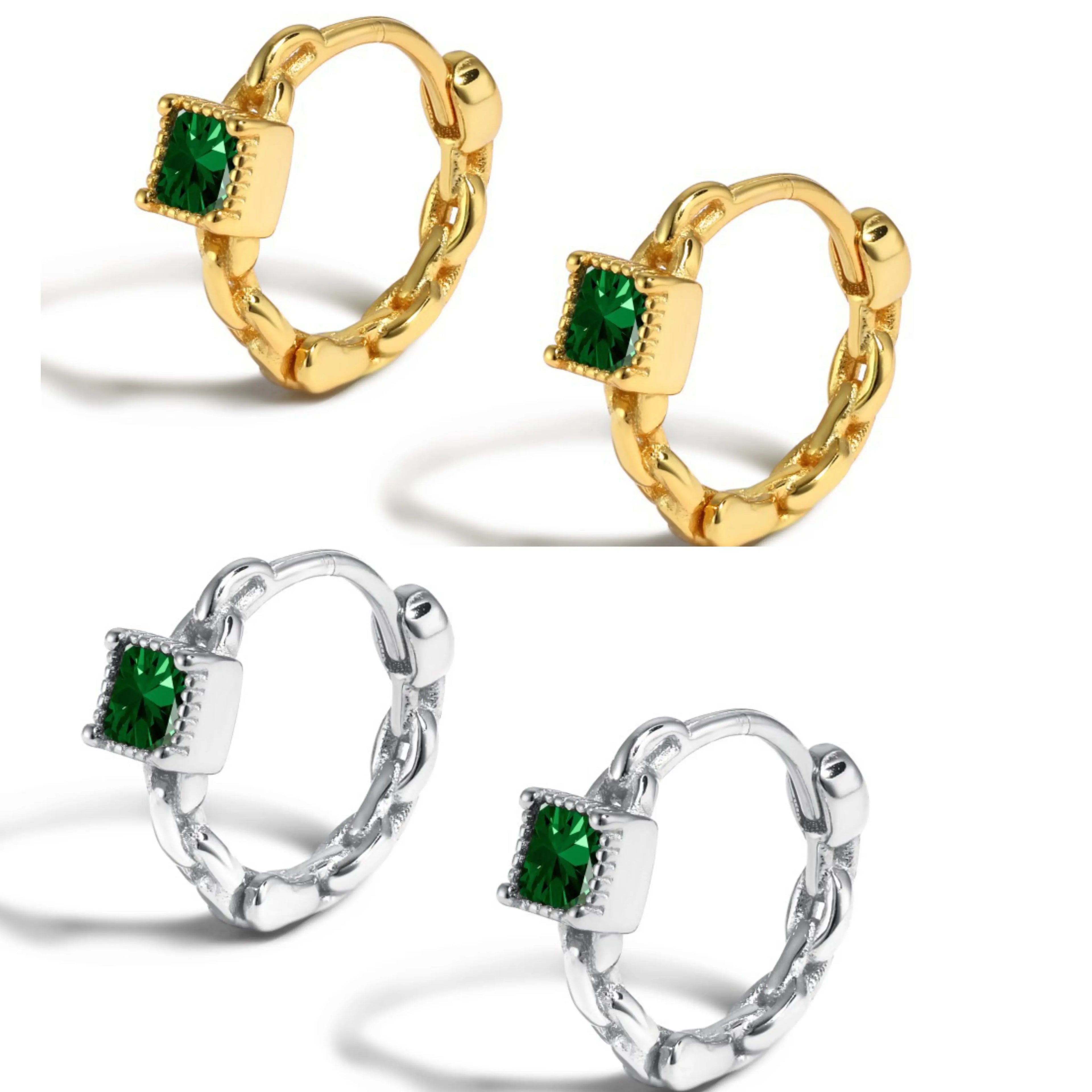 Fine Jewelry Earrings 18K Gold Plated Hypoallergenic Green 5A Cubic Zirconia S925 Sterling Silver Hoop Earrings for Women Girl
