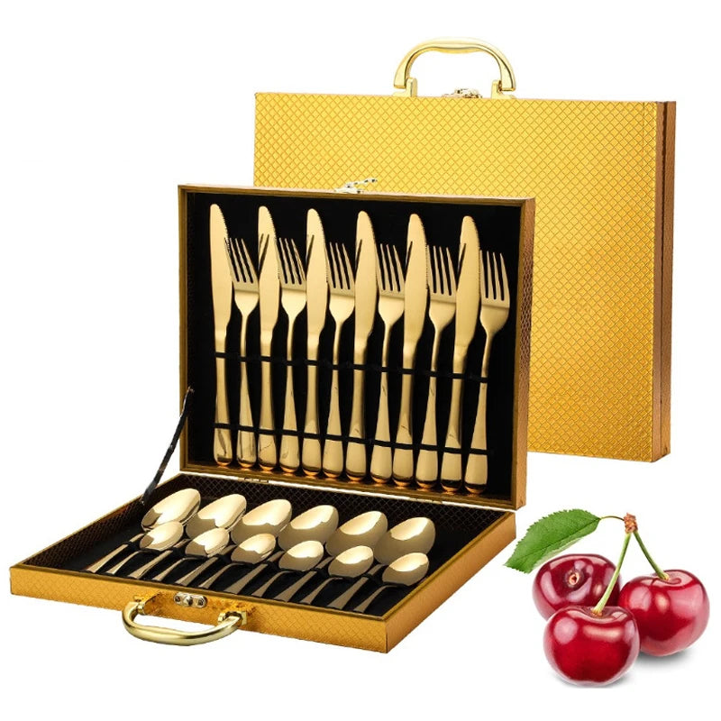 High Quality Besteck 24pcs Stainless Steel Golden Flatware Set for Wedding Hotel Silverware Gold Cutlery Sets with Case Gifts
