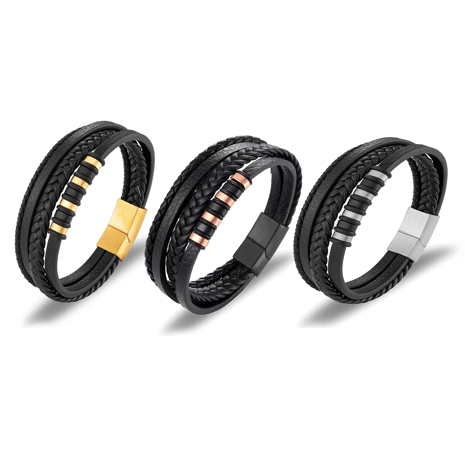 Luxury Men's Multi-Layer Stainless Steel Leather Bracelet Custom 3 Colors Braided Magnetic Clasp Male Bangles Fashion Accessory