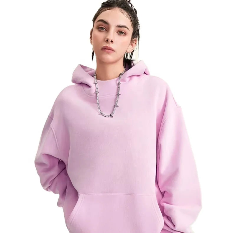 2025 New Style Winter Solid Color 385 Gsm Fleece Hoodies Sweatshirt Unisex Pink Blank Plain Hoodies 385 Gsm pink Hoodie
