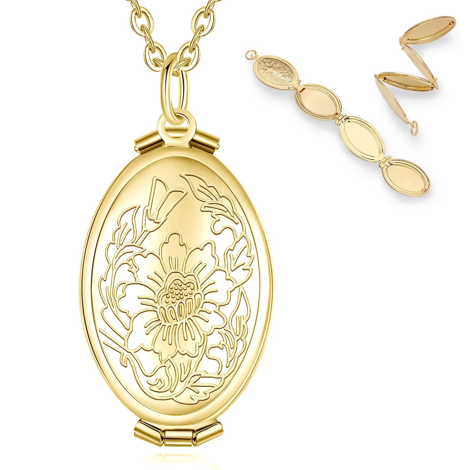 Multilayer Foldable Vintage Flower Pattern Gold Plated Jewelry Oval Shaped Photo Locket Pendant Necklace for Women