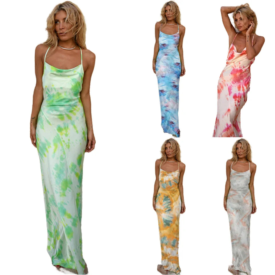 Women's Clothing Ouze Independent Station Halter Neck Wrap Chest Cross Open Back Tie-dye Hip Women Dress