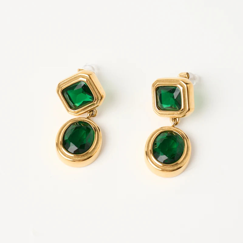 Vintage 18K Gold Jewelry Dropshipping Stainless Steel Trendy Green Zircon Geometric Drop Earrings