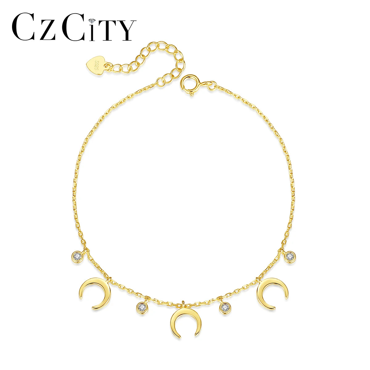 CZCITY Bling Charm Zircone Jewelry Silver Chain Sterling Gold Plated Designer Fine Lady Moon Bracelet