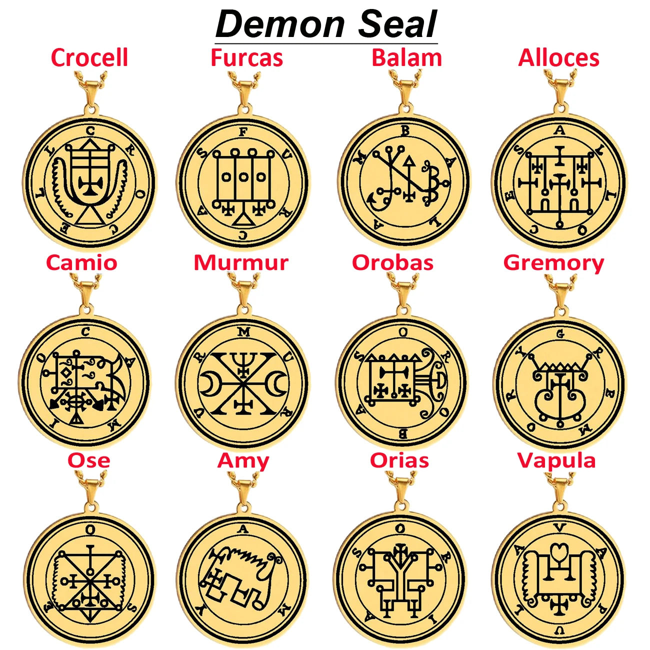 Gold Seals of the 72 Spirits the Lesser Key of Solomon King Asmoday Demon Origins Goetia 49-60 Stainless Steel Pendant Necklace