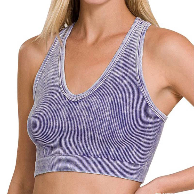 Custom Polyester Spandex Elastic Acid Washed Ribbed Crop Top Women's Gym Fitness Yoga Crop Top Outdoor Activity Tank Tops