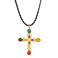 J&D 18k Gold Stainless Steel Large Cross Pendant With Colorful Cat's Eye Black Wax Cord 50+5cm