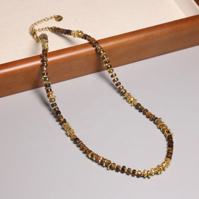 Mailard Natural Abacus Tiger Eye Stone Necklace Choker for Women Men 18K Gold Plated Stone Beaded Necklace Jewelry