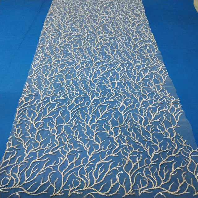 Fashion Bridal Fabric Luxury Embroidery Beads Sequins Lace  Mesh Fabric for Wedding Dress