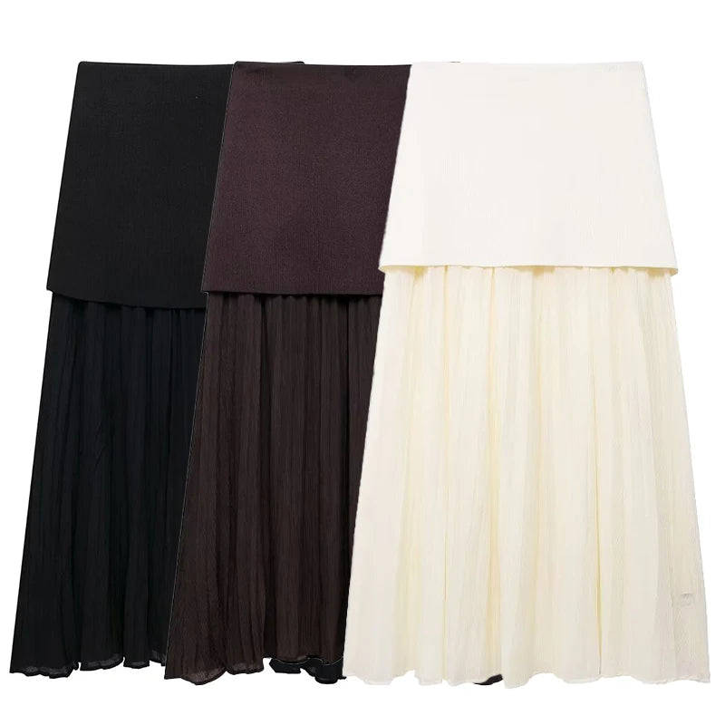 ZATRHMBM Women's Skirt 2024 New Fashion Knitted Small Pleated Patchwork Skirt Retro High Waist Midi Skirt