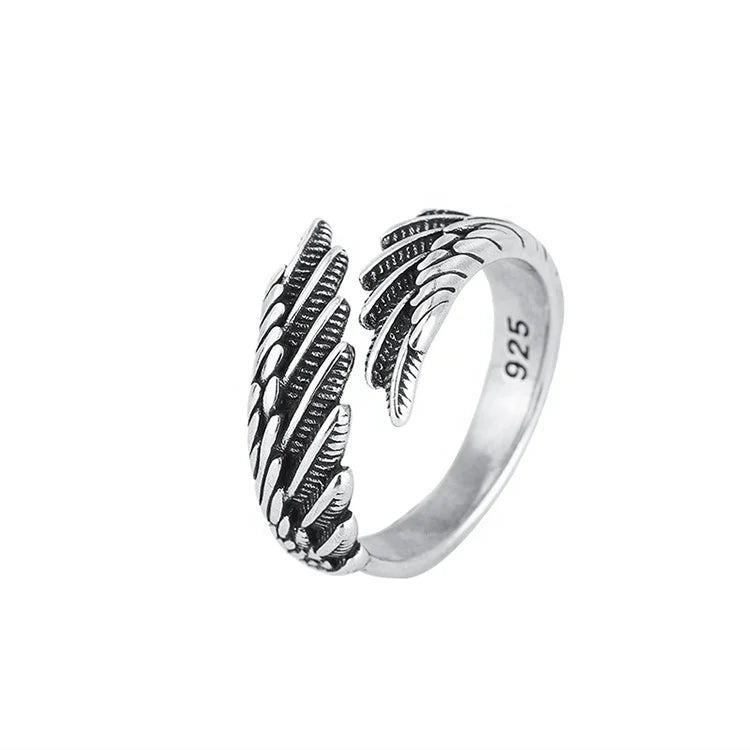 Oxidized Silver Finishing Fashion Adjustable Open Size Feather Shaped Angle Wing Brass Ring for Women