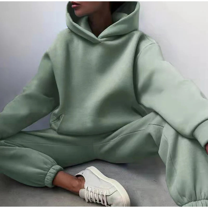 Women Casual Fleece Sports Sets Warm Hoodie Long Pant Suits Active Wears Two Piece Sweatshirts Tracksuit Sets