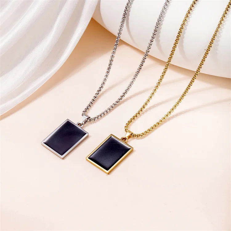 Hot Sale Fashion Jewelry Titanium Steel 18k Gold Geometric Pendant Sweater Chain Men Women Drip Oil Rectangular Necklace