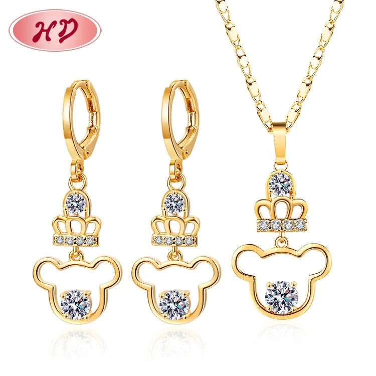 Luxury Cute Mouse 18k Laminated Gold Wholesale Grandes De Piedras Jewelry Sets Drop Earrings and Necklace for Women