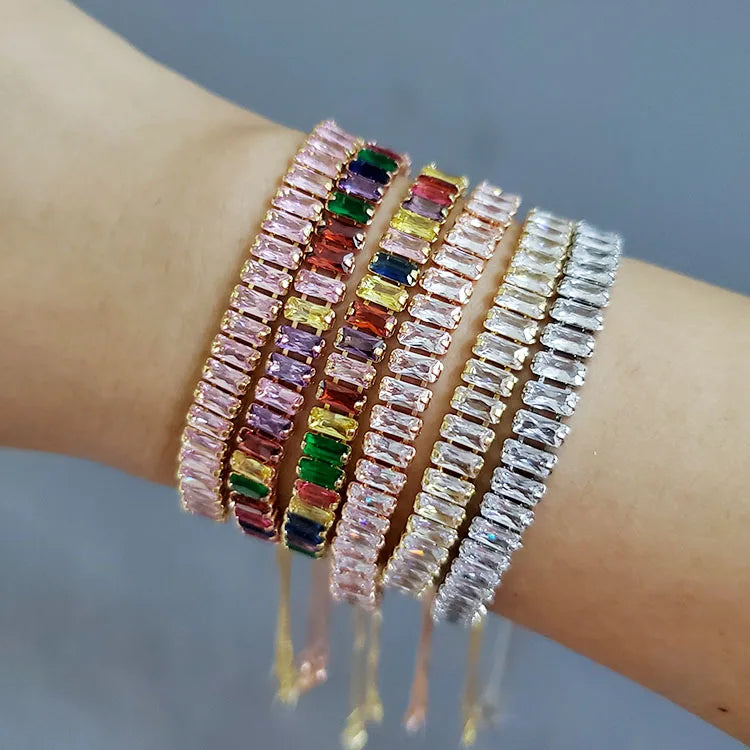 BC1290 Fashion Rainbow Rectangle Cubic Zirconia Tennis Bracelet  Multicolor Dainty CZ Zircon Adjustable Slide Bracelet