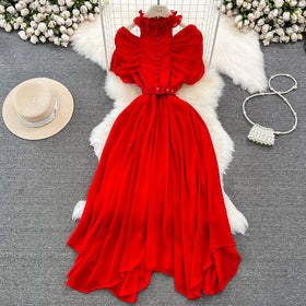 Boutique Wholesale 2026 Spring New Light Luxury Style Standing Neck Off Shoulder Pleated Waist Slimming A-line Women's Dress