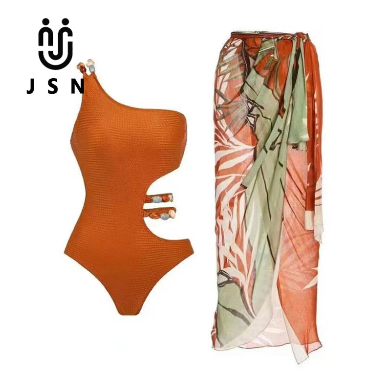 JSN customize 2024 New Women Swimsuit Vintage One Shoulder One Piece hollow solid Swimwear With print Sarong for ladies