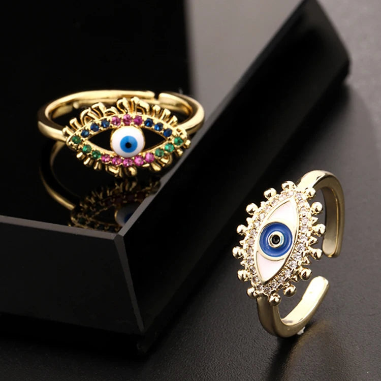 Luxury Non Tarnish 18K Gold PVD Plated Adjustable Blue Enamel Lucky Evil Eye Ring Jewelry for Women