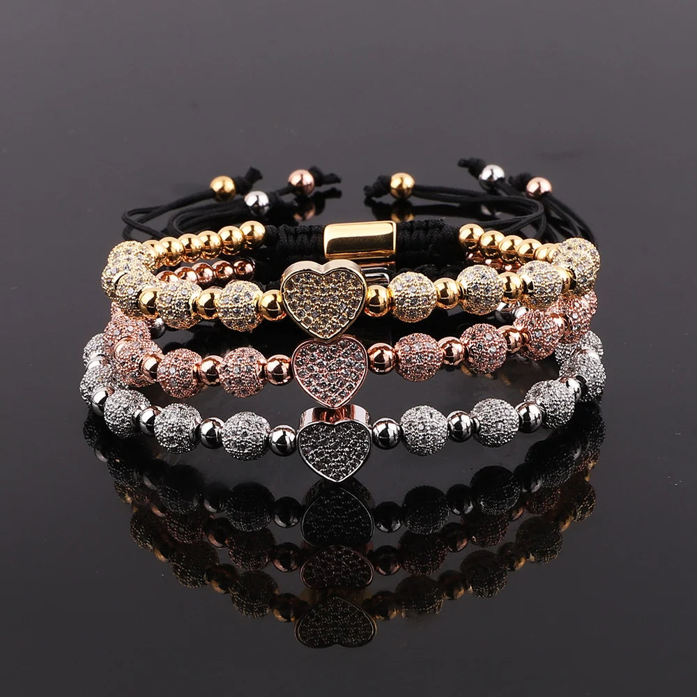 New Cute Design CZ Pave Heart Luxury Disco Ball Woven Macrame Adjustable Bracelet