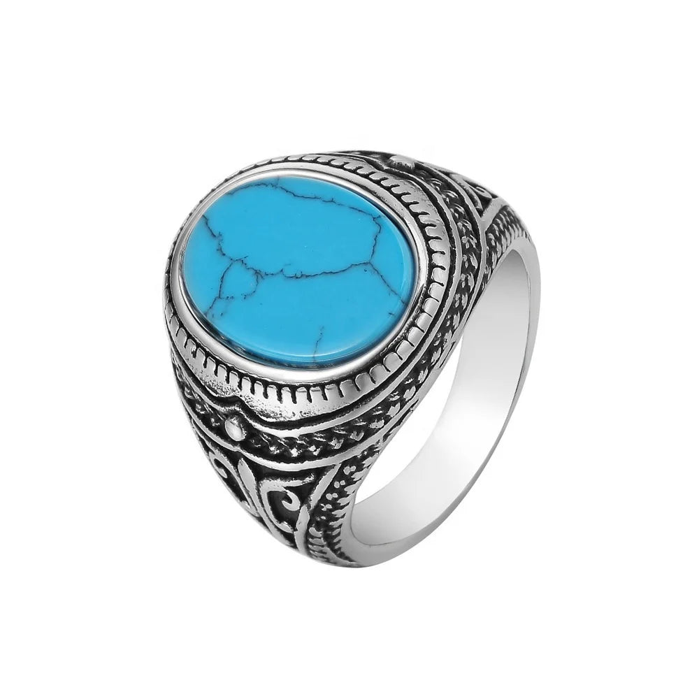 Men's Retro Vintage Titanium Steel Ring with Blue Turquoise Gemstone Fashion Stainless Steel Accessory