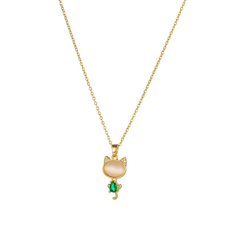 Luxury Shiny Titanium Steel Gold Zircon Cat Stone Collar Pendant Necklace Hot Sale Inlaid Opal Gemstone Clavicle Chain for Gift
