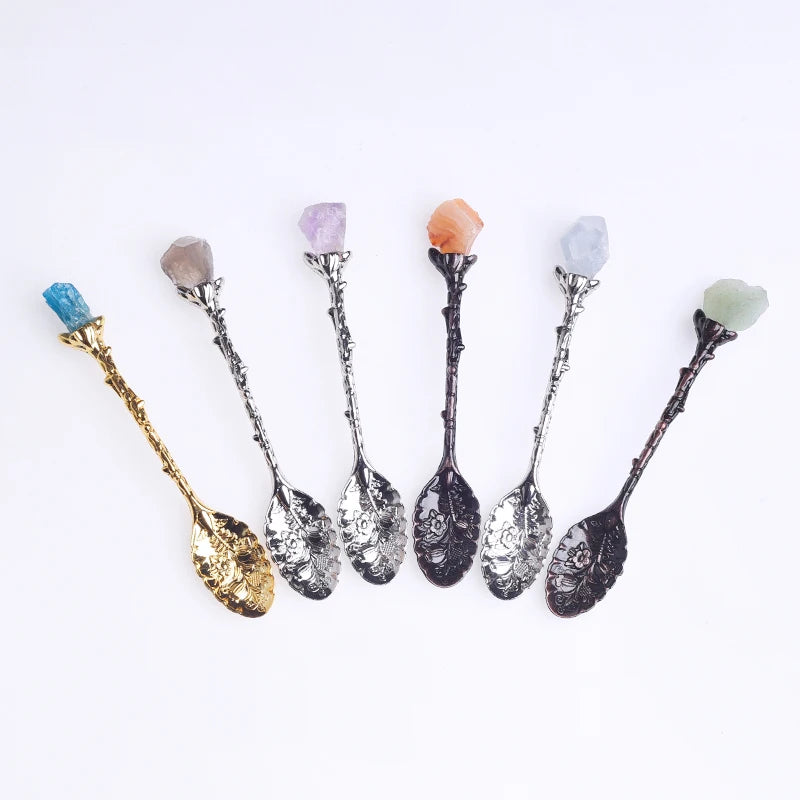 Natural Best Selling Amethyst Cluster Stirring Energy Mineral Crystal Teaspoon Coffee Spoon for Gift Kitchen Supplies Decoration