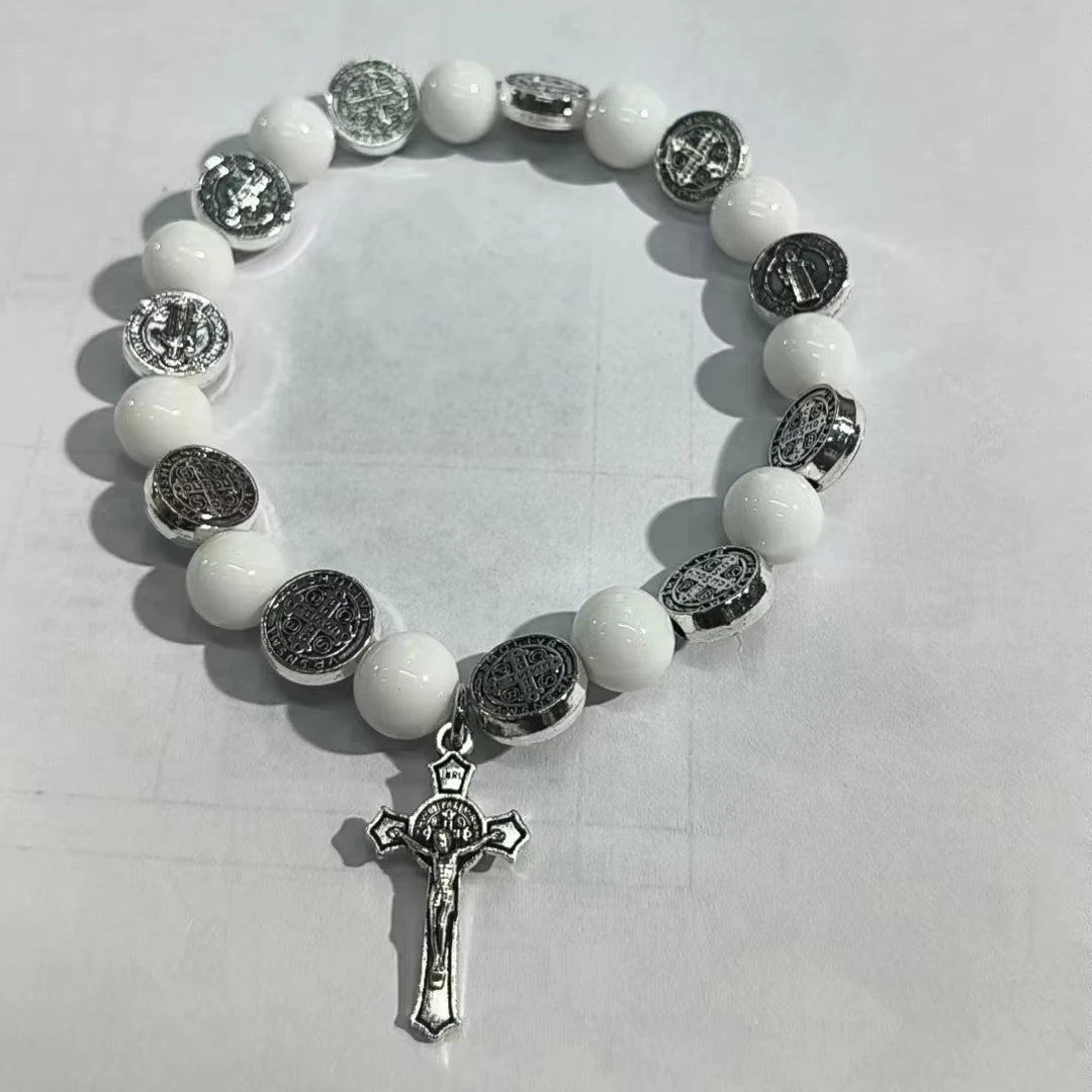 Wholesale 8mm Natural Stone Hematite Agate tiger Eye Beaded Bracelet Saint Benedict Cross Bracelet