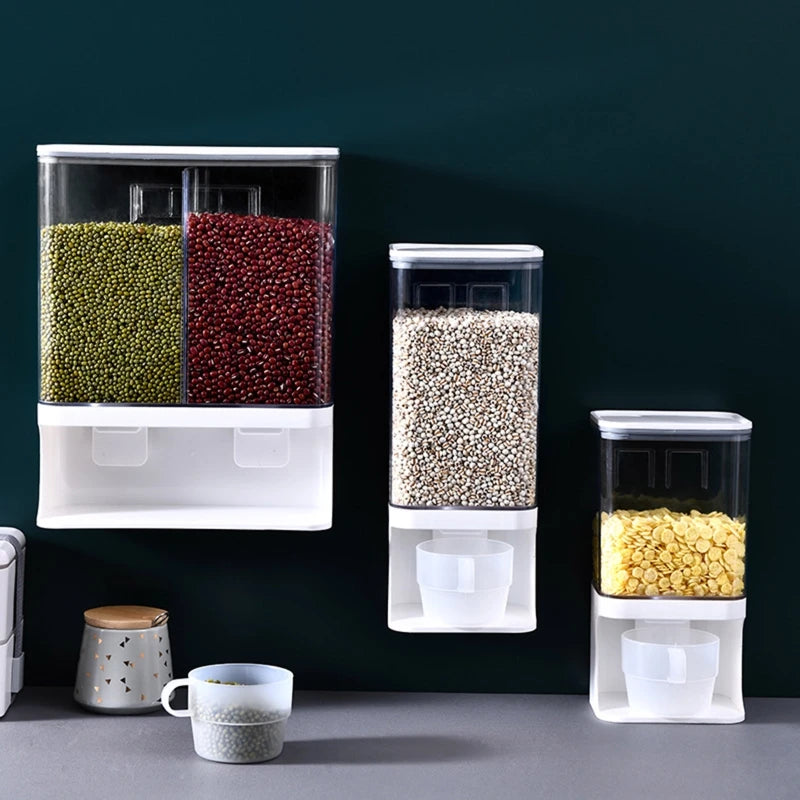Wall Mounted Divided Space Saving Rice Cereal  Box Dispenser Storage Container
