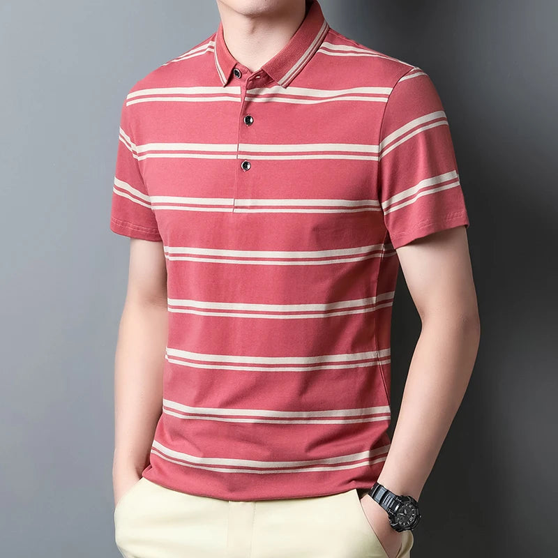 Wholesale Custom of Striped Polo Shirts Men's Summer Ice Silk T-shirts Fashion Light Luxury Dad's Polo Shirts