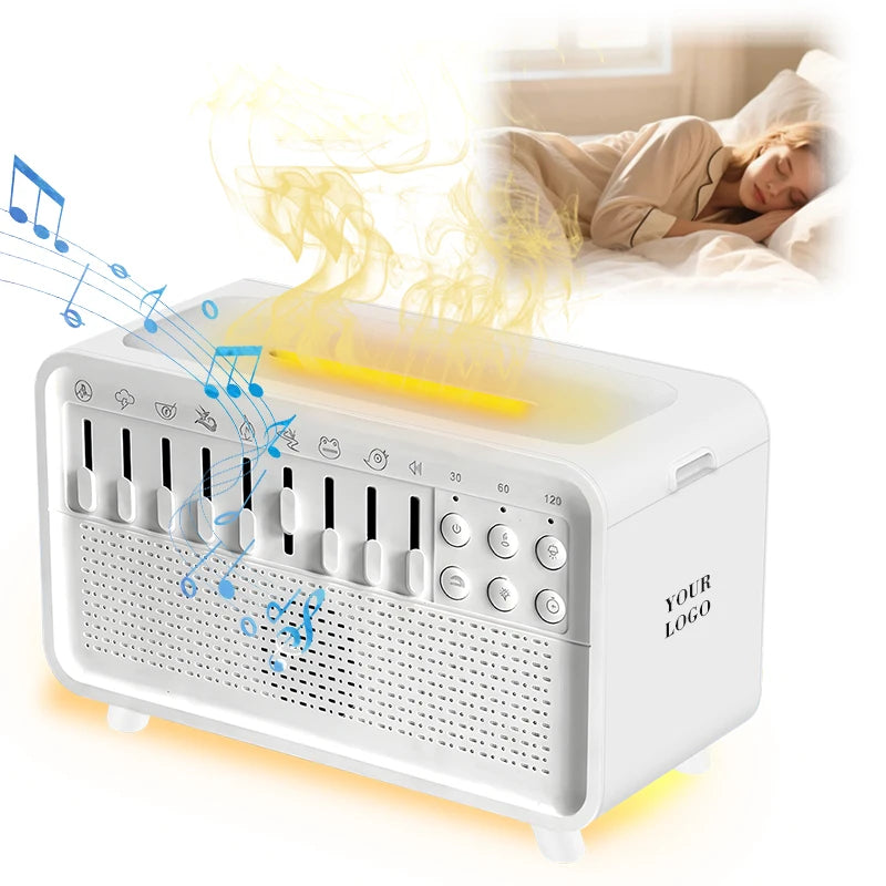 Multifunctional Flame Essential Oil Diffuser White Sound Speaker White Noise Machine with 8 Natural Sounds and Night Lights