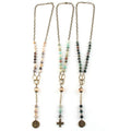 Women Fashion Bohemian Jewelry 8mm Natural Stone Alloy Beads Rosary Chain Link Gemstone Metal Bronze Beef Cross Pendant Necklace