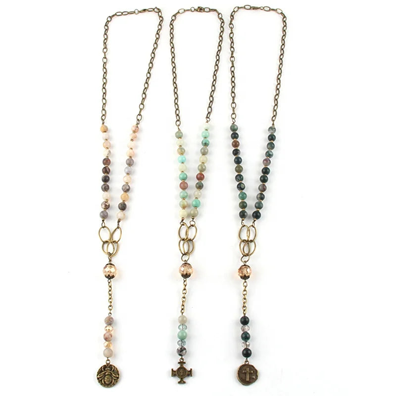 Women Fashion Bohemian Jewelry 8mm Natural Stone Alloy Beads Rosary Chain Link Gemstone Metal Bronze Beef Cross Pendant Necklace