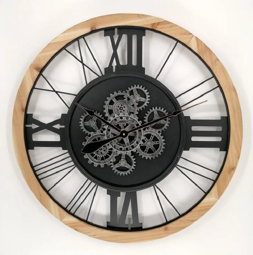 INFINITY TIME 30 Inch Large Industrial Solid Wood Wall Clocks Metal Gear Wooden Wall Clock for Home Decor Living Room Farmhouse