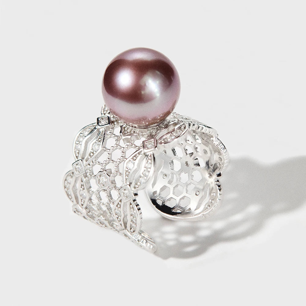 Designer Fine 925 Silver Lace Ring with Purple Freshwater Pearl Luxury Engagement Jewelry Custom Personalized