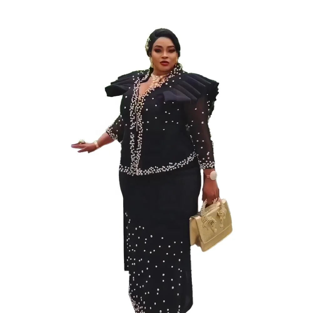 Trending  African Beaded Dress Suit Plus Size African Dresses Designs Fat Ladies Mesh Fabric Elegant African Dresses
