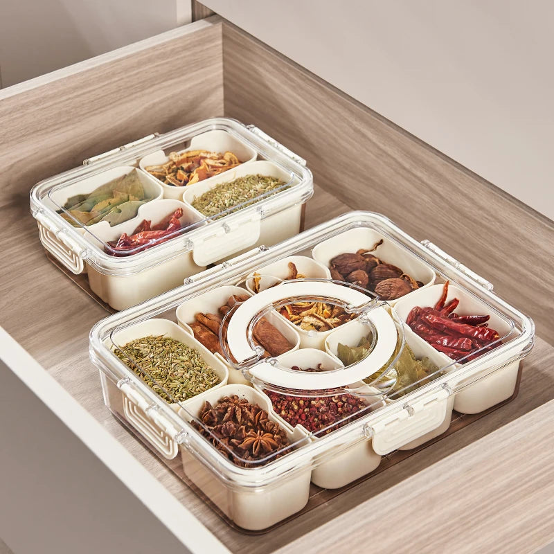 Portable Rotating 8 Compartment Divided Food Serving Tray Snack Box Container With Lid and Handle