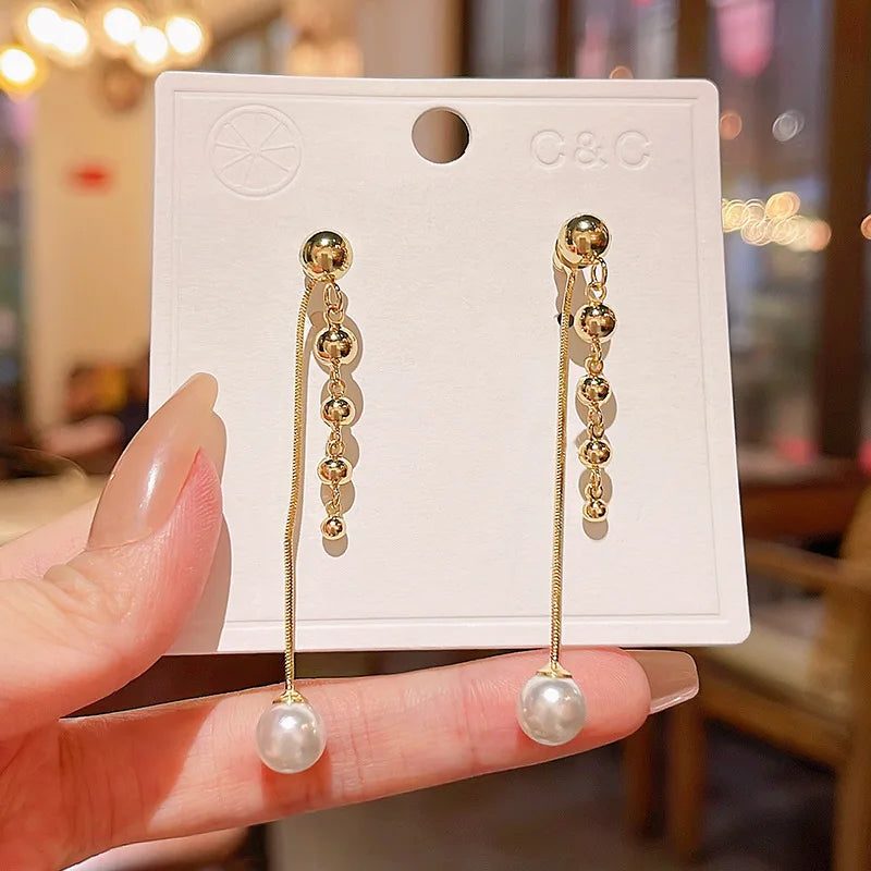 S925 Silver Pin Long Tassel Pearl Earrings for Women  Simple Pearl Tassel Long Drop Earrings