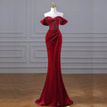High Quality Christmas Red Floor Length Pearl Sequin Mermaid Evening Party Dress Off Shoulder Satin Formal Gown Gala Dresses
